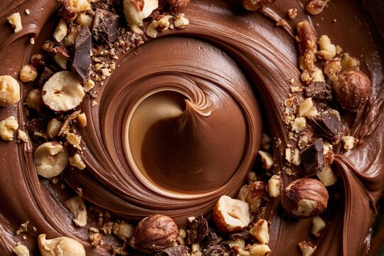 Hazelnut spread swirl with a glossy, creamy texture and scattered nut fragments, ideal for bakery menus and confectionery branding