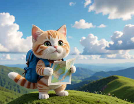 バックパックを背負って地図を見るかわいい子猫の冒険イラスト/Cute kitten with a backpack holding a map on an adventure, 3D illustration