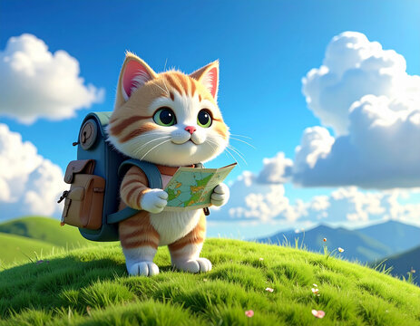 バックパックを背負って地図を見るかわいい子猫の冒険イラスト/Cute kitten with a backpack holding a map on an adventure, 3D illustration