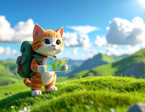 バックパックを背負って地図を見るかわいい子猫の冒険イラスト/Cute kitten with a backpack holding a map on an adventure, 3D illustration