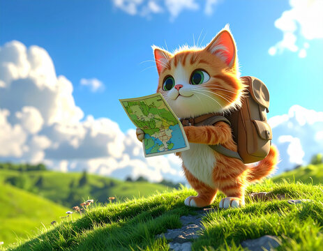 バックパックを背負って地図を見るかわいい子猫の冒険イラスト/Cute kitten with a backpack holding a map on an adventure, 3D illustration
