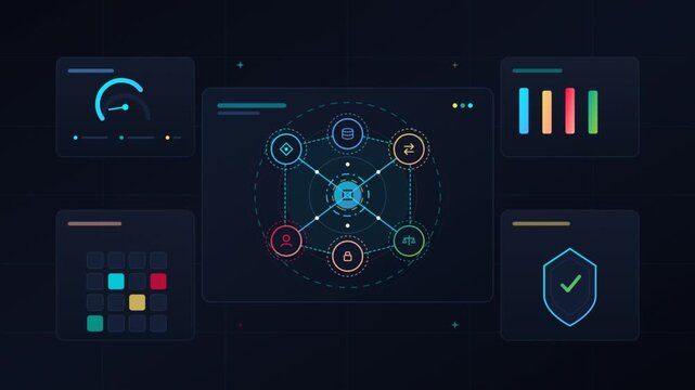Dark mode digital interface featuring vector data visualization icons