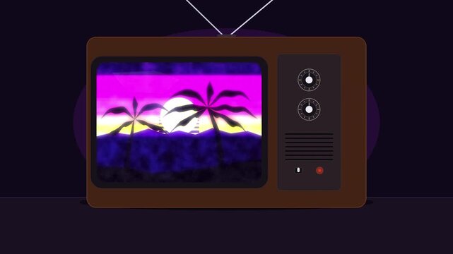 Retro pixel television displaying palm trees at purple sunset animation