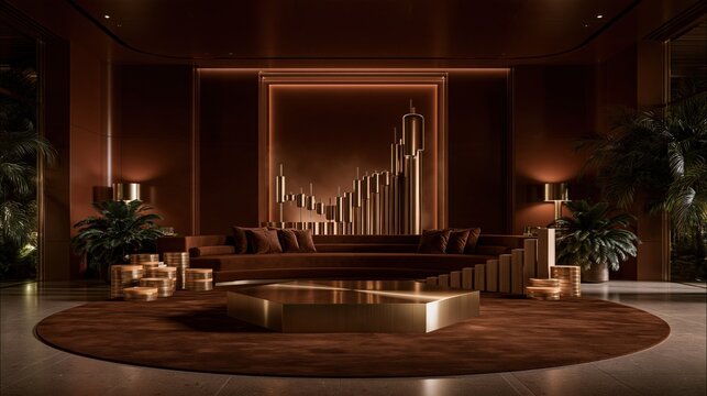 Gold hexagonal podium on a brown floor, featuring a satin metal finish and surrounding gold coins for financial growth and luxury business concepts