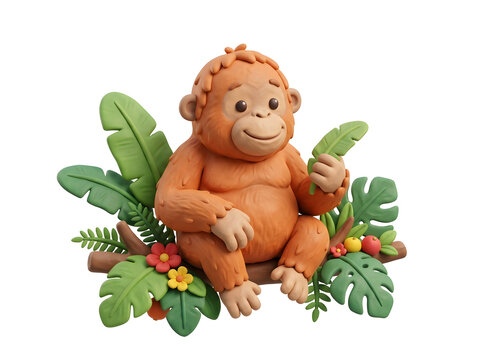 Cute clay-style 3D orangutan sitting on a branch with tropical leaves, handcrafted plasticine modeling, soft rounded forms, isolated on pure white background