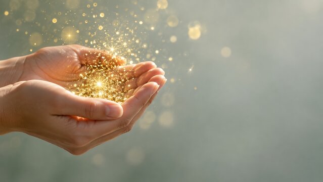 Cupped human hands holding a glowing cloud of gold glitter, shimmering particles in warm light with copy space for luxury festive ads