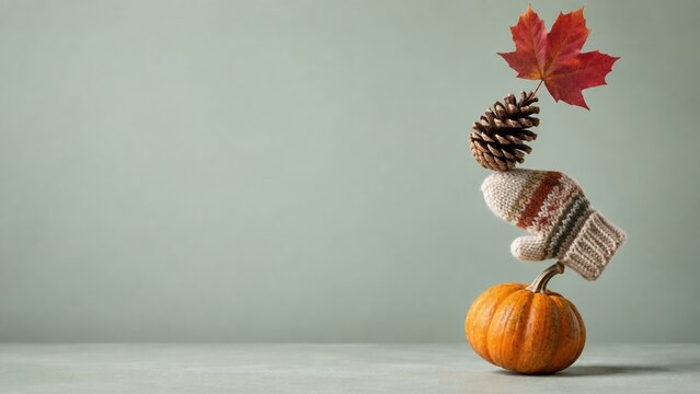 Mismatched autumn objects stacked in a precarious tower, featuring a pumpkin and knitted mitten on a pale grey-green background with copy space
