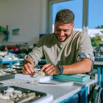Stone tools and flint flakes on a grey bench, a man carefully assembling prehistoric artifacts for inclusive science education