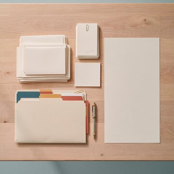 Manila folder with colorful tabs and stacks of blank documents on a pale oak table, a clean mockup with copy space for office backgrounds