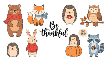 Obraz premium Cute Woodland Animals Autumn Illustration Set with Text