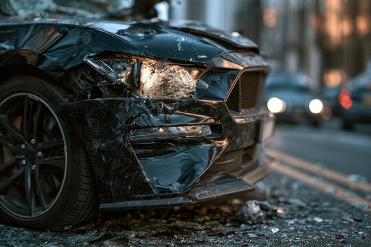 Damaged black car with broken headlight and shattered glass on urban street