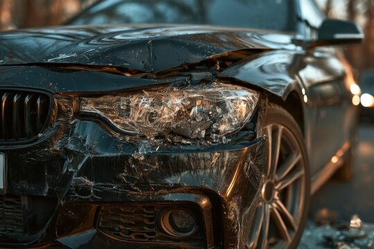 Damaged car showing a broken headlight and crumpled hood from an accident