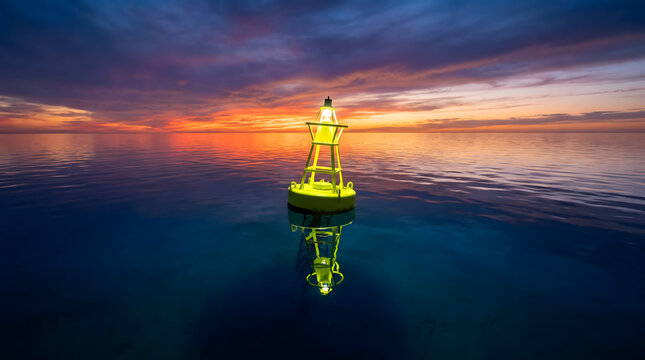 Bright neon yellow navigation buoy floating in calm ocean water during a vibrant sunset