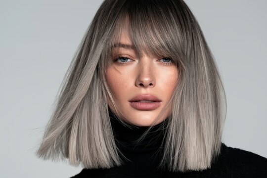 Young woman showcasing a modern ash blonde bob haircut and bangs with a serious expression