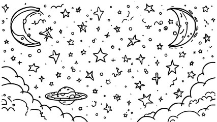 Celestial Night Sky with Moon, Stars and Saturn Hand Drawn Line Art © Sanet