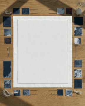 Blank ecru linen panel mockup on a warm oak tabletop, featuring textural fabric and sewing tools for craft branding and design copy space