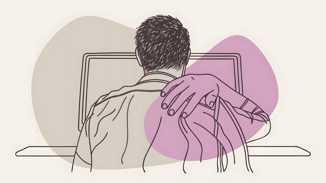 Computer office work shoulder strain and pain. Ergonomic posture and employee health issues. Man sitting at office computer desk holding his shoulder