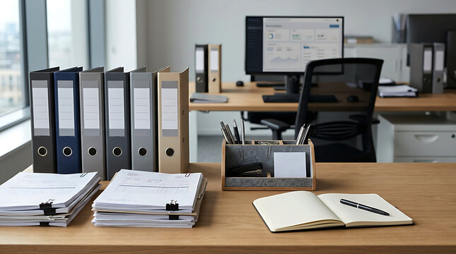 Modern office desk setup with documents folders computer and stationery items