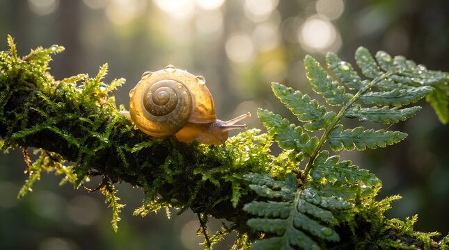 Close-up of a golden snail on a mossy branch with fern leaves and morning dew