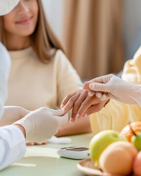 Glucose test performed by a clinician on a woman's finger, featuring soft diffused light and fresh fruit for diabetes care and nutrition education