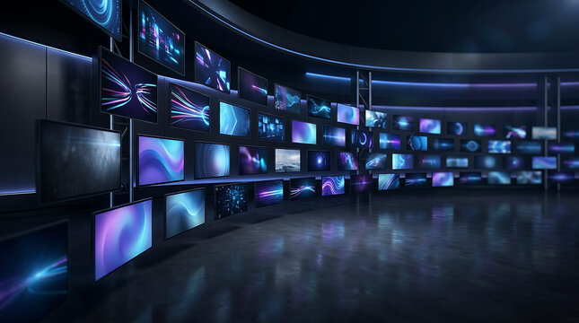 Modern television studio video wall with glowing screens and digital displays