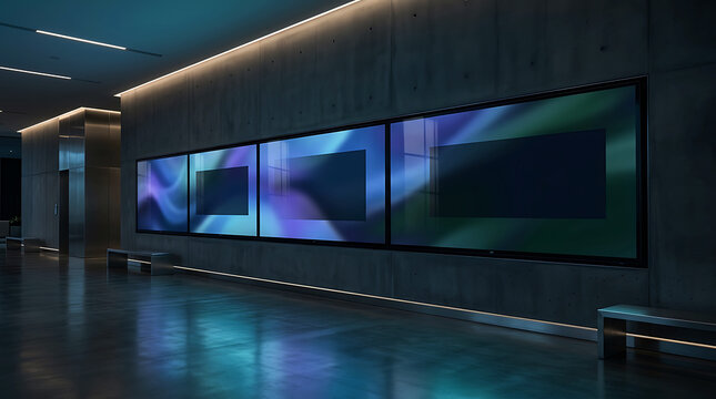Modern corporate lobby interior with large digital screens and lighting