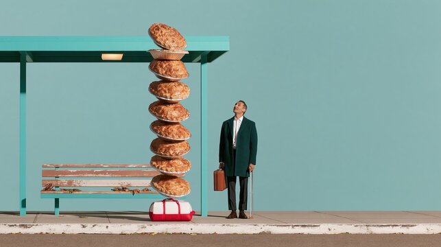 Floating stack of foil-wrapped pies above a travel bag at a blue bus stop, with a smiling man in a coat for holiday travel campaigns, copy space