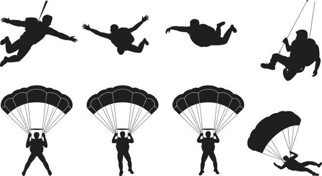 Set of black silhouettes showing skydivers in freefall and parachutists descending with open parachutes