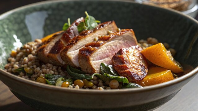 Photorealistic close-up of buckwheat with seared duck caramelized squash mustard greens pickled grapes seeds and creamy dressing