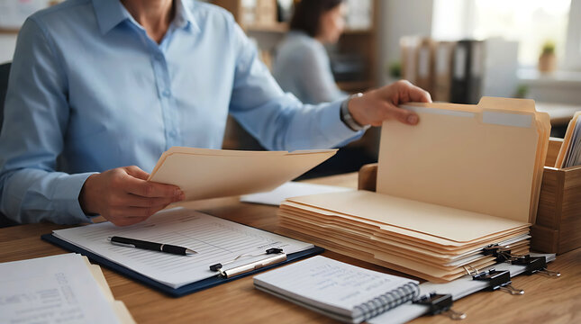 Professional woman organizing files, paperwork, and folders on an office desk