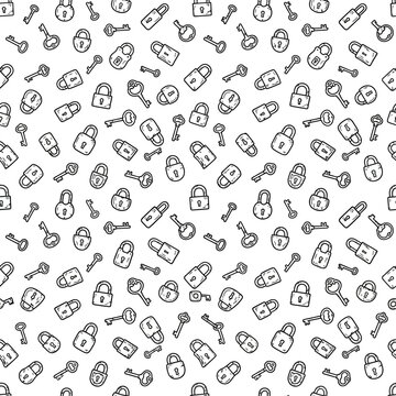 Hand drawn padlock and key seamless pattern vector illustration, black and white doodle line art security background texture, privacy protection locks keys endless fabric print and wrapping