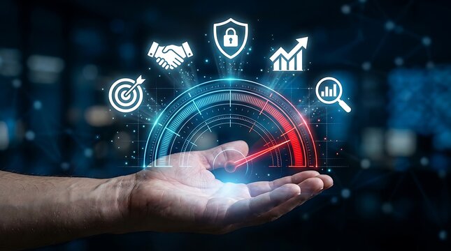 Digital Performance Speedometer and Key Performance Indicators, Business Growth and Security Analytics Dashboard, Futuristic Technology Concept