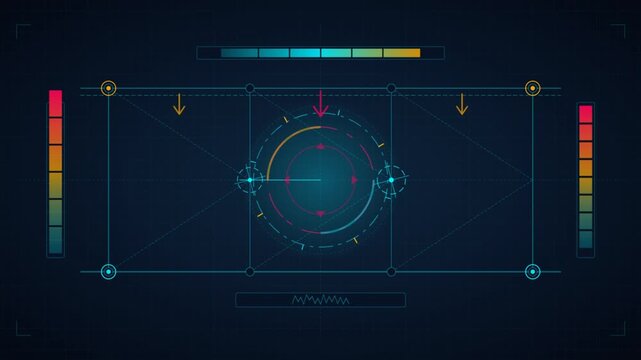 Dark mode tactical HUD interface featuring rotating radar data graphs