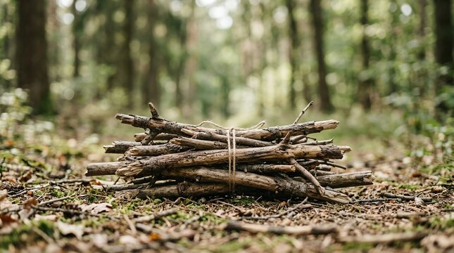 Pile of Dry Twigs and Branches Tied Together in a Forest.