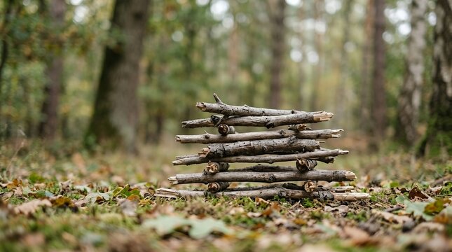 Stack of dry branches in a forest floor with autumn leaves.