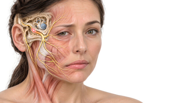 Bell palsy facial nerve anatomy with focal inflammation concept in the temporal bone, photorealistic 3D medical illustration showing intact branches and inner ear for neurology and patient education