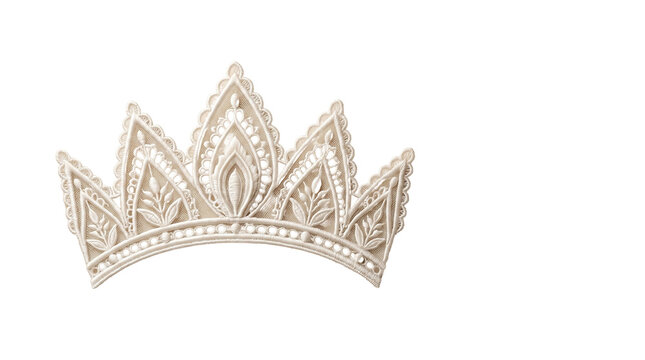 Vintage macrame crown isolated on white background, elegant bohemian tiara, woven textile diadem design element