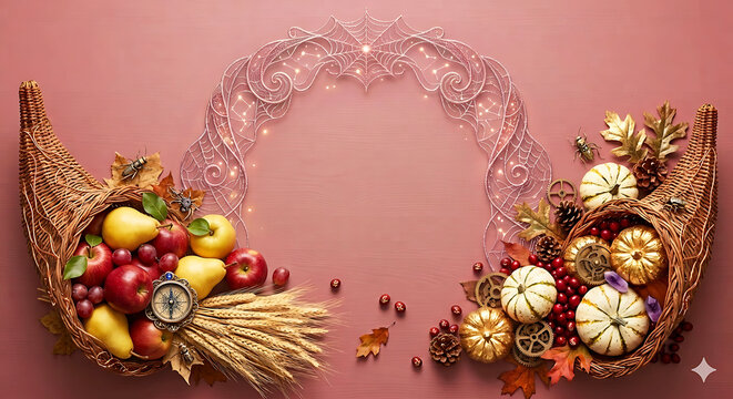 Thanksgiving cornucopia background frame with pumpkins fruits and golden steampunk gears on pink backdrop