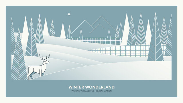 Minimalist geometric reindeer and pines forest in winter wonderland on light blue gray background modern retro style horizontal template have blank space.