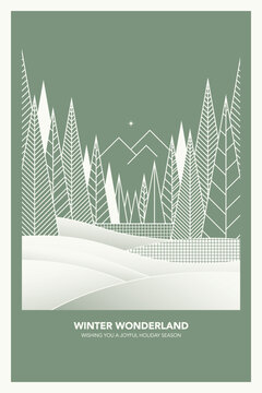 Minimalist geometric pines forest in winter wonderland on green background modern retro style vertical template have blank space.