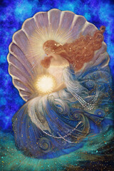 Venus goddess emerging from sea shell holding cosmic light © MohorAtelier
