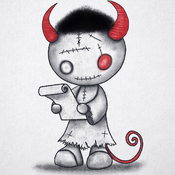 Cute devil doll character reading paper scroll