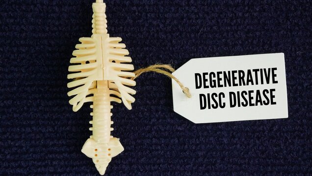Human spine and paper with the words Degenerative disc disease is a natural, age-related condition where the soft cushions spinal discs between your backbone wear down.