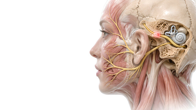 Bell palsy facial nerve anatomy with focal inflammation concept in the temporal bone, photorealistic 3D medical illustration showing intact branches and inner ear for neurology and patient education
