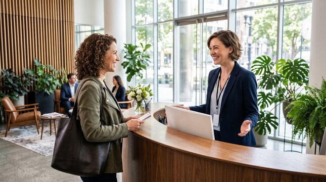Two professional women smiling and interacting at a modern office reception desk with plants and natural light