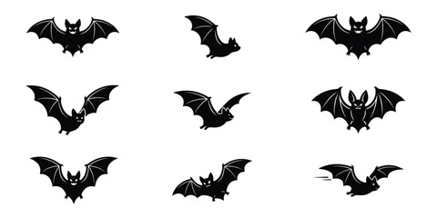 Fototapeta premium Collection of spooky black bats in various flying poses on a white background