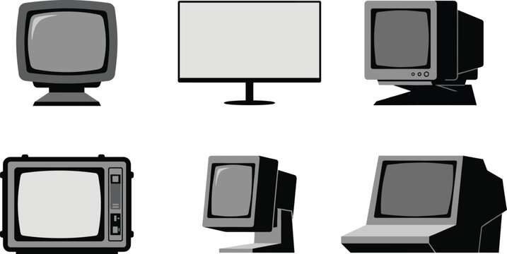 Vintage Computer Monitor and Display Vector Icon Collection Featuring Retro Desktop Screens Classic Technology Equipment and Electronic Device Designs