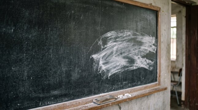 Old empty chalkboard with white chalk smudge, eraser, and wooden frame in an abandoned classroom