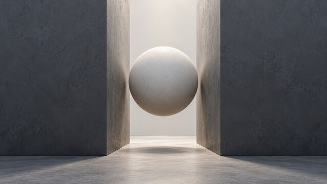White Sphere Suspended Between Two Slate Walls
