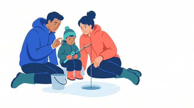 Family ice fishing together on a snowy day  